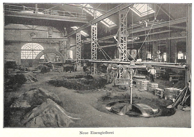 Schwarzes und weißes Foto eines Fabrikinneren mit Arbeitern, die an Maschinen arbeiten, umgeben von Metallstangen und -rohren, beschriftet mit "Neue Eisenglebeerei, die erste Fabrik in Deutschland" unten.