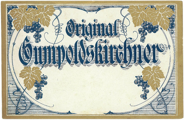 Alte deutsche Weinflasche mit einer Illustration von Trauben und Blättern und einem Text, der den Wein Typ angibt.