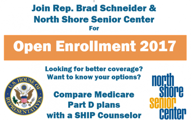 Ein Plakat mit dem Text "Treten Sie ein für die Open Enrollment 2017 mit Rep. Brad Schneider und North Shore Senior Center" und einem Logo.