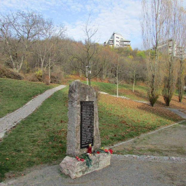 Ein Denkmal in einem Park mit einer Tafel, auf der "Denkmal für die Opfer der Tschernobyl-Katastrophe" steht, umgeben von Gras, trockenen Blättern, einem Weg, Bäumen, Pflanzen, einem Straßenpfahl, Gebäuden und einem bewölkten Himmel.