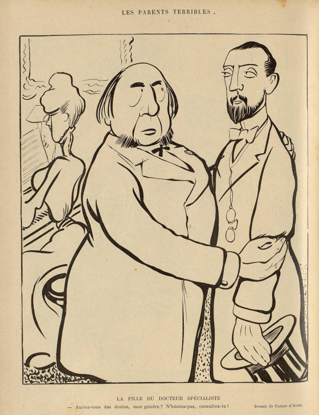 Ein aufgeschlagenes Buch mit einer Zeichnung von zwei Männern und einer Frau, einer im Anzug und Krawatte, der andere mit ernster Miene, und französischer Text unten.