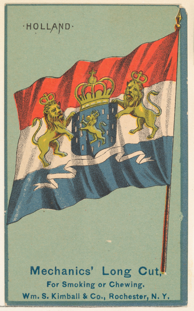 Ein Plakat mit einer Flagge mit zwei Löwen und dem Text "Holland Mechanics' Long Cut zum Rauchen oder Kauen".