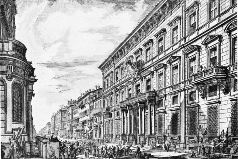 Schwarze und weiße Zeichnung einer belebten Stadtstraße mit Fußgängern, Gebäuden, Fenstern, Säulen und Skulpturen unter einem bewölkten Himmel, mit Text unten, der New York-bezogene Begriffe auflistet.