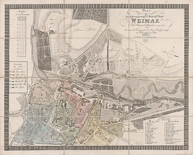 Ein detailliertes altes Stadtplan von Weimar, Deutschland, das Straßen, Gebäude, Sehenswürdigkeiten und Text enthält, der Informationen über die Bevölkerung, Sehenswürdigkeiten und Straßen der Stadt bereitstellt.