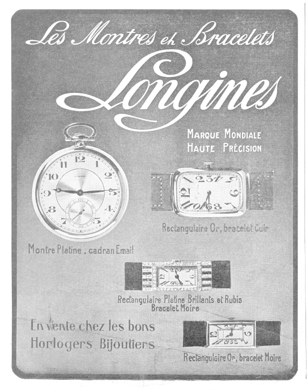 Vintage-Werbetafel für Longines-Uhren aus den 1920er-Jahren mit gedämpften Blautönen und Grautönen, klassischer Typografie und detaillierten Abbildungen von Uhren.