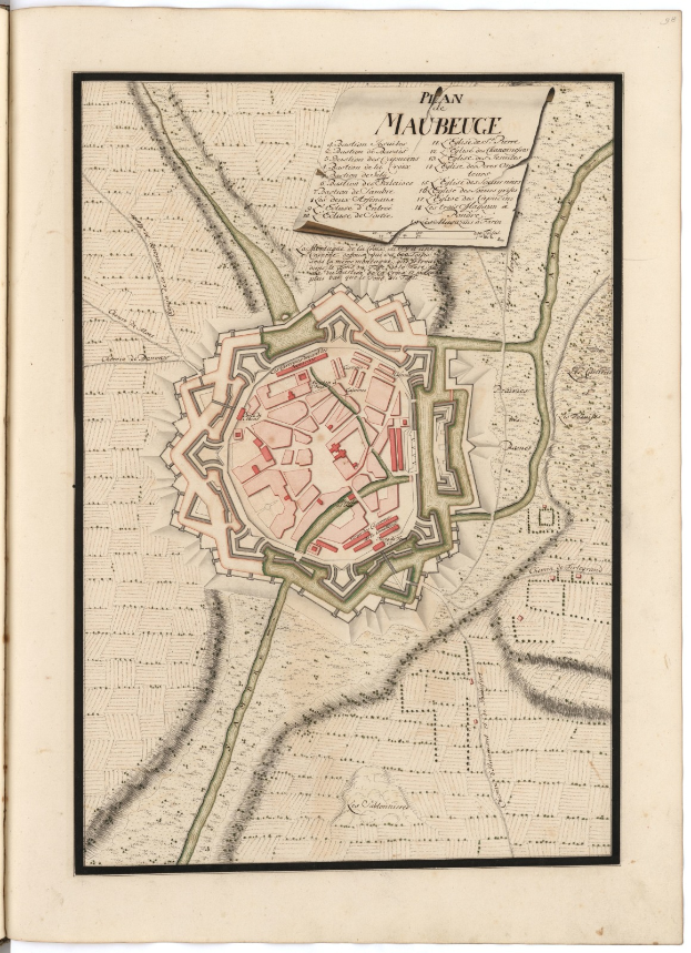 Ein aufgeschlagenes Buch mit einer detaillierten Karte von Maubuice, Frankreich, mit Straßen, Gebäuden, Sehenswürdigkeiten und begleitendem Text.