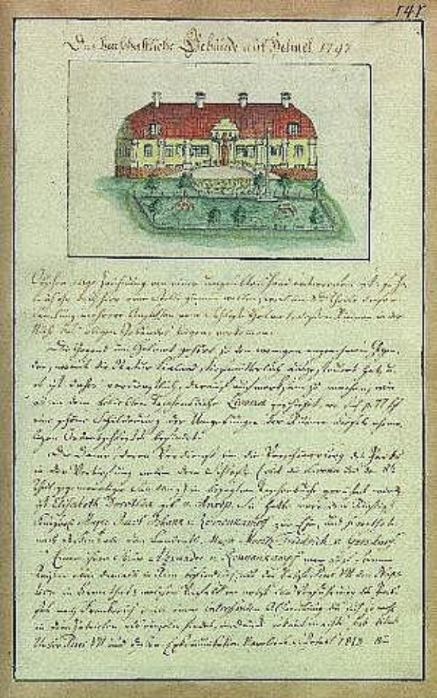 Altes Dokument mit einer detaillierten Zeichnung eines weißen Hauses mit einem roten Dach, unterzeichnet von der Schleswig-Holstein-Schule Delmar, datiert auf 1797.