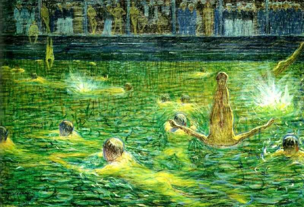 Gemälde mit dem Titel "Der Pool" von KÜNSTLER, das Menschen zeigt, die fröhlich im Wasser schwimmen, mit einem Gebäude im Hintergrund.