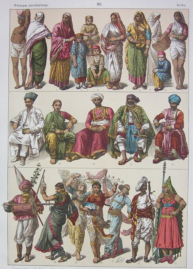 Eine Gruppe von Menschen in traditioneller indischer Kleidung, einige sitzen und einige stehen, mit einer Person, die ein Objekt hält, und Text oben und unten, der "Indien, Indien und der Nahen Osten" lautet.