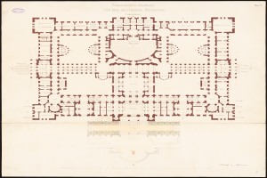 Ein detaillierter Grundrissplan des kreisförmigen Reichstagsgebäudes in Berlin, Deutschland, der Räume, Flure, Fenster und Türen sowie begleitenden Text zeigt, der den Aufbau beschreibt.