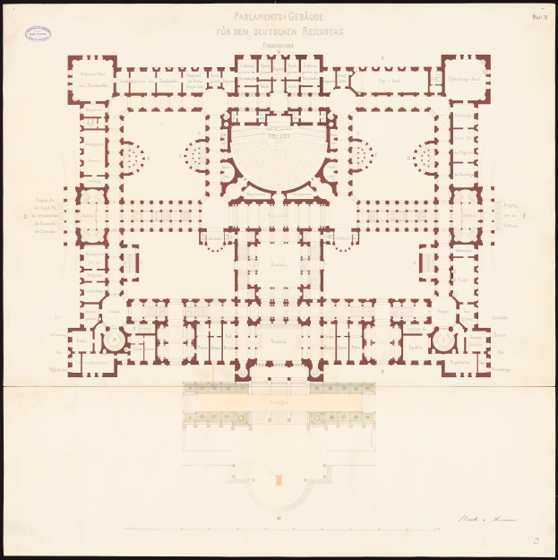 Ein detaillierter Grundrissplan des kreisförmigen Reichstagsgebäudes in Berlin, Deutschland, der Räume, Flure, Fenster und Türen sowie begleitenden Text zeigt, der den Aufbau beschreibt.