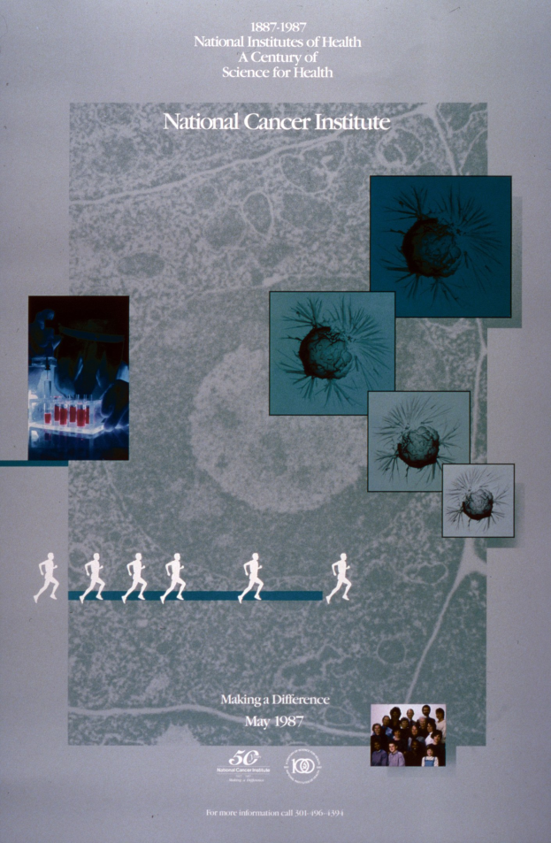 Buntes Plakat mit einem blauen Hintergrund und weißer Schrift, die "National Cancer Institute" in fetten, Großbuchstaben lautet, umgeben von überlappenden Kreisbildern von Menschen verschiedenen Alters, Geschlechts und Ethnien.