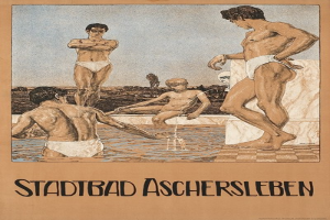 Plakat für ein Schwimmbad in Aschersleben, Deutschland, das Menschen im Wasser zeigt, wobei einer sitzt und Text Pool-Informationen bereitstellt.