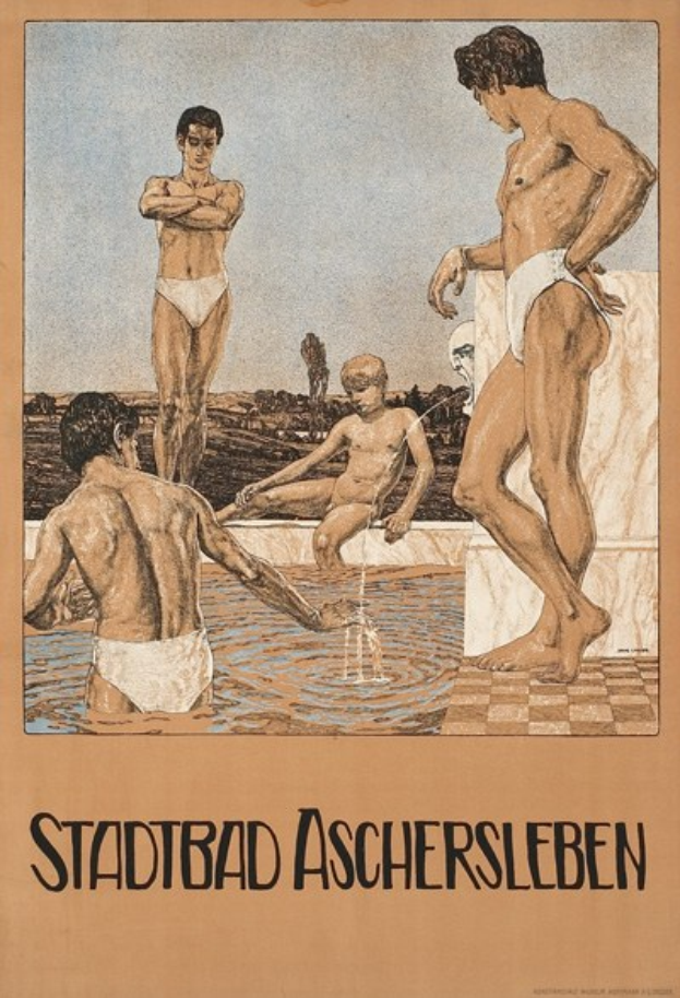 Plakat für ein Schwimmbad in Aschersleben, Deutschland, das Menschen im Wasser zeigt, wobei einer sitzt und Text Pool-Informationen bereitstellt.