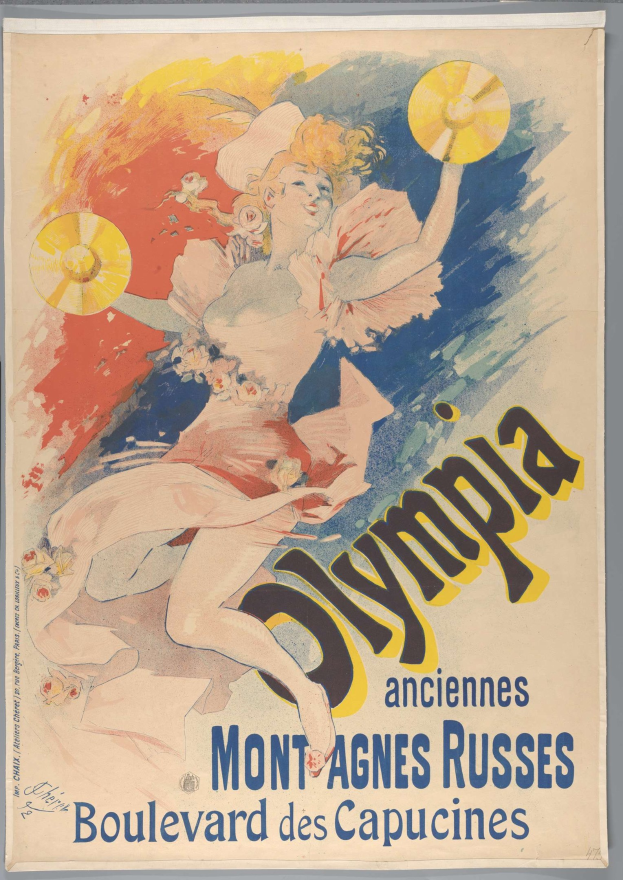 Plakat für die Olympischen Spiele in Mont-Agnes-Russes, Frankreich, das eine Frau in einem farbenfrohen Kleid zeigt, die einen Fächer hält, sowie Text mit Ereignisinformationen.