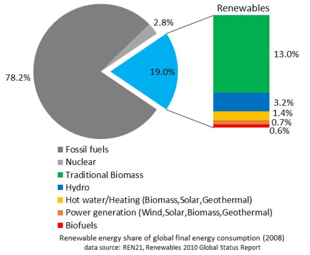 Ein Kreisdiagramm, das den globalen erneuerbaren Energieverbrauch im Jahr 2008 zeigt, unterteilt in Abschnitte für fossile Brennstoffe, Kernenergie, Wasserkraft, Warmwasser, Heizung, Biomassen, Solarenergie, Geothermie und Biokraftstoffe.