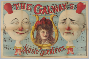 Ein Plakat für die Galway Music Excentrics mit einer Frau in der Mitte und zwei Clowns daneben, beschriftet mit Texten über die Zirkusvorstellung und ihre Künstler.