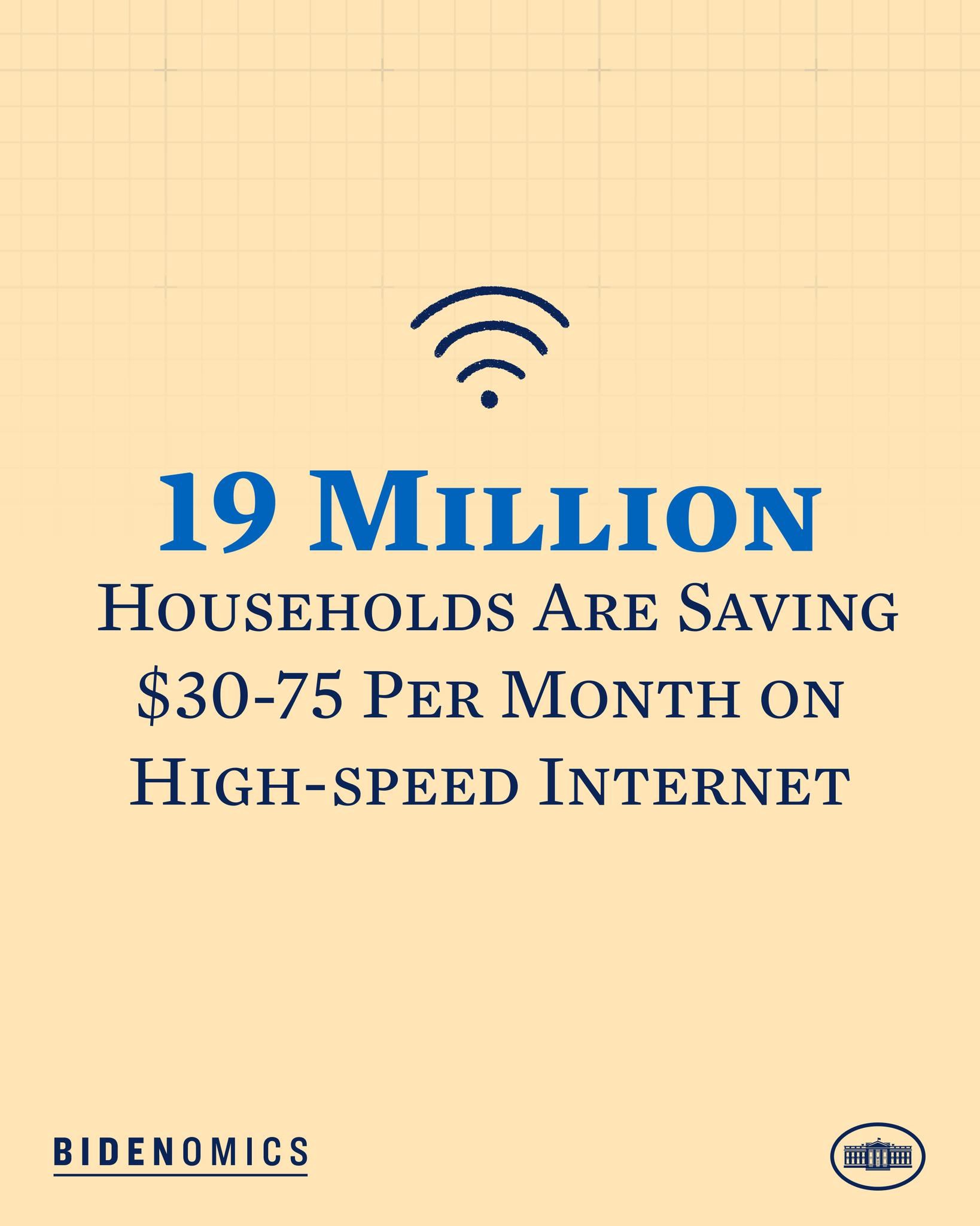 Plakat mit der Aufschrift '19 Millionen Haushalte sparen $30-75 monatlich auf High-Speed-Internet' und einem Logo.