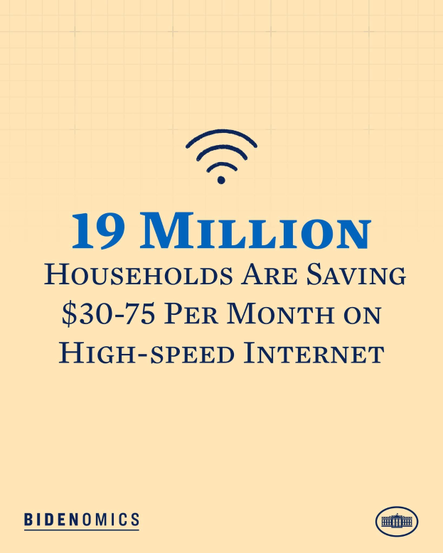 Plakat mit der Aufschrift '19 Millionen Haushalte sparen $30-75 monatlich auf High-Speed-Internet' und einem Logo.