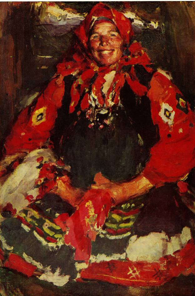 Ein Bild einer Frau in einem roten, kunstvoll bestickten und mit Perlen verzierten traditionellen russischen Kleid, das auf einem Stuhl sitzt und warm lächelt, umgeben von leuchtenden Farben, mit dem Text "Gustav Klimt" oben und unten.