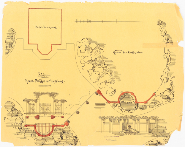 Ein detaillierter architektonischer Grundriss eines Parkplatzplans mit roter Umrandung auf Papier mit Text- und Layoutdetails.