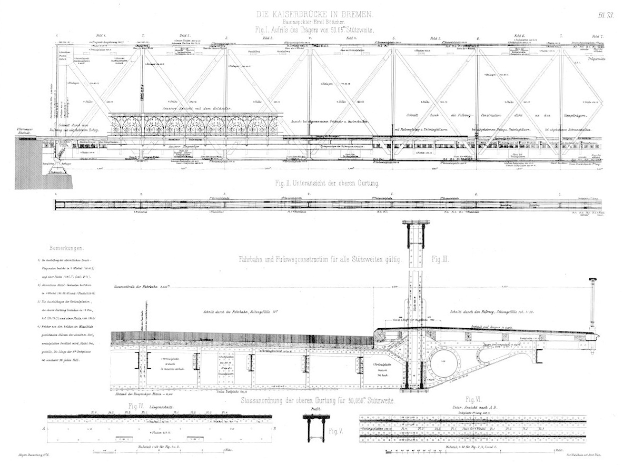 Ausführliches architektonisches Detailbild einer Brücke, einschließlich der Kaiserbrücke in Bremen, mit begleitendem Text.