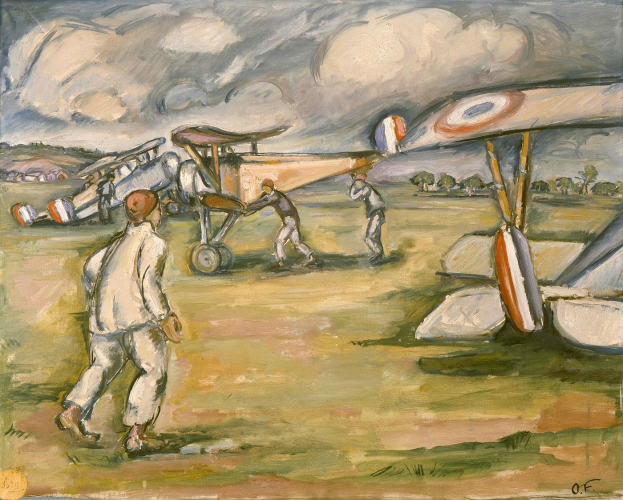 Ein Bild namens 'Der Flug des Flugzeugs' von Paul Cézanne aus dem Jahr 1891, das eine Gruppe von Männern bei der Arbeit an einem Flugzeug in einem Feld zeigt, umgeben von Bäumen und einem bewölkten Himmel.
