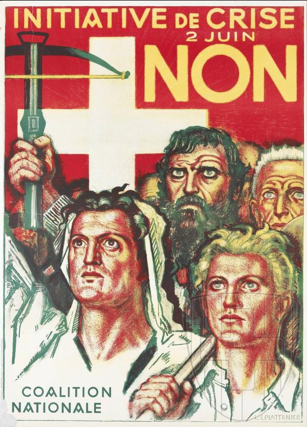 Ein Plakat für die Coalition Nationale, eine Kriseninitiative, mit Menschen, die einen Hammer und eine Sichel halten, und Textinformationen.