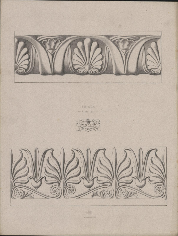 Ein Buch mit einem detaillierten, kunstvollen architectural design aus dem 19. Jahrhundert im Art-Nouveau-Stil mit begleitendem Text.