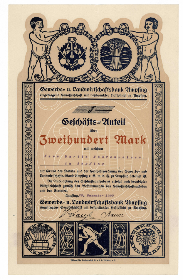 Ein altes deutsches Bankzertifikat mit einem hellblauen Hintergrund, das einen Mann in einem Anzug und eine Frau in einem Kleid nebeneinander zeigt, mit fetter schwarzer Schrift, die den Namen und Zweck der Bank angibt.