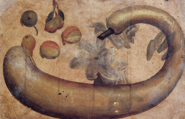 Gemälde einer Banane mit einer Blume darauf, umgeben von verschiedenen Fruchten und Blättern auf Papier mit leuchtenden Farben und klaren Details.