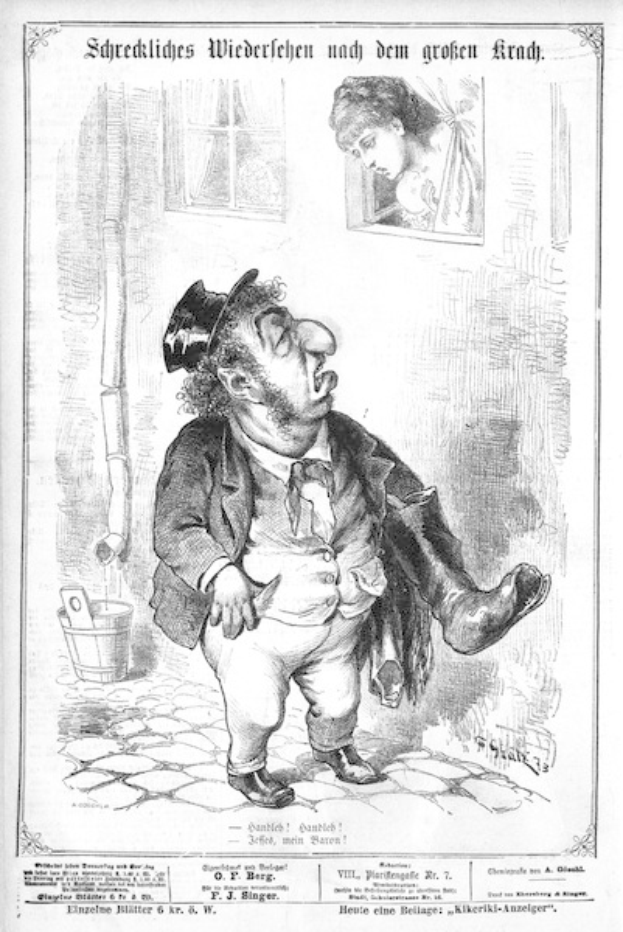 Eine Karikatur eines Mannes mit Zylinder und einer Frau in einem Kleid, mit einer Wand, einem Fenster, einem Eimer und anderen Gegenständen im Hintergrund. Unten steht der Text "F. J. Singer, der erste deutsche Politiker, der in den Kongress gewählt wurde".