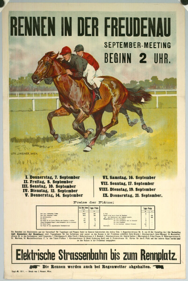 Plakat, das ein Pferderennen in Deutschland ankündigt, mit zwei Reitern auf Pferden im Vordergrund und Bäumen im Hintergrund und Text, der Renninformationen enthält.