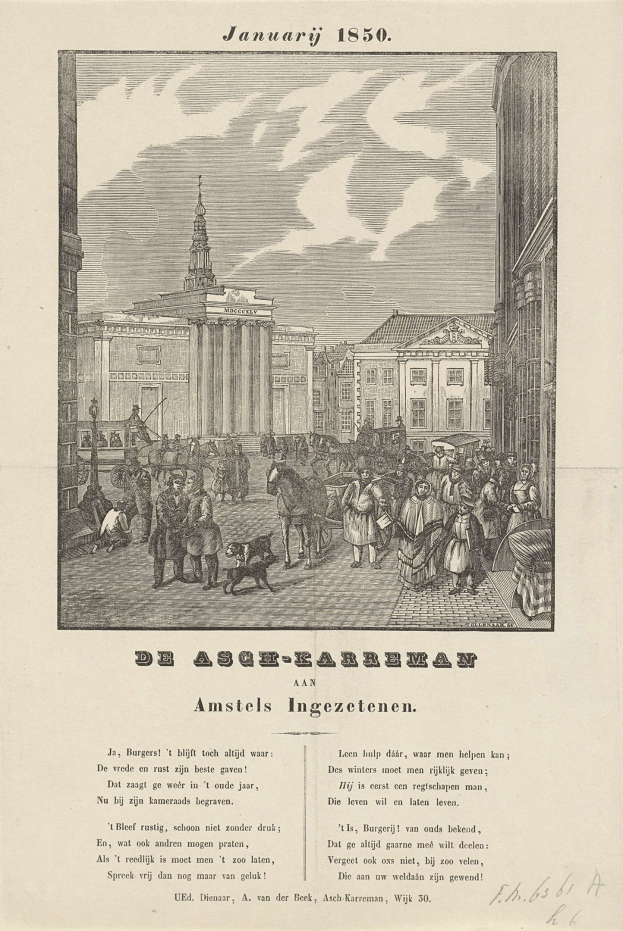 Ein Schwarz-Weiß-Bild in einem alten Buch, das eine Stadtstraße mit Menschen, Gebäuden und Wolken zeigt, datiert auf Januar 1850.