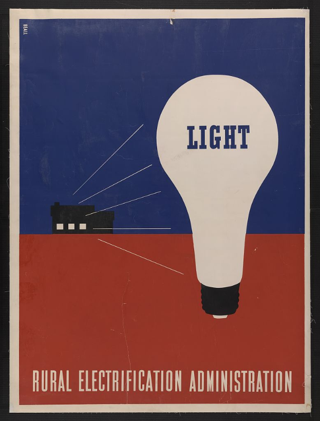 Ein Plakat mit einer Glühbirne in der Mitte und der schwarzen, fetten Schrift "Rurale Elektrizitätsverwaltung" auf einem hellgelben Hintergrund.
