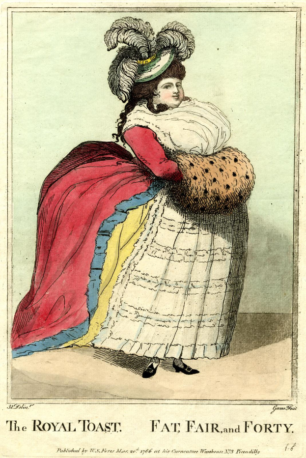 Eine Frau in einem farbenfrohen, gemusterten Kleid und einer Federhaube steht königlich mit verschränkten Händen, erhobenem Haupt und der Text "The Royal Toast, Fat Fair and Forty" unten.