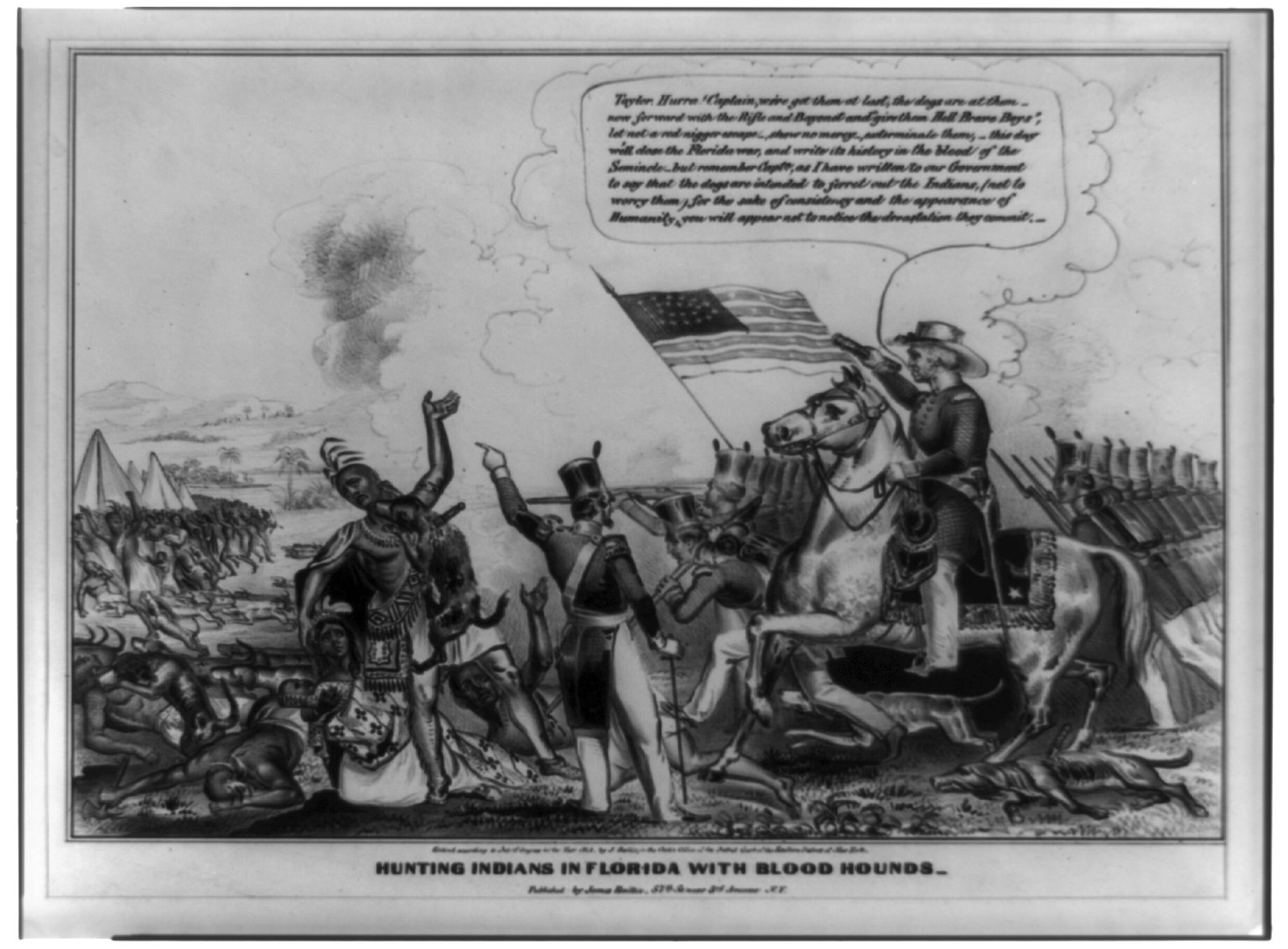 Schwarzes und weißes Foto einer Gruppe von Menschen, einige zu Pferd, mit einer Flagge im Hintergrund und Text unten mit der Aufschrift "Jagen von Indianern in Florida mit Bluthunden".