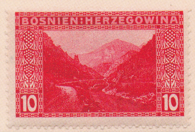 Ein roter Stempel aus dem Jahr 1938 mit der Aufschrift "Bosnien Herzegowina" und einer Illustration von Bergen und einem Fluss in mint never hinged (MNH) Zustand.