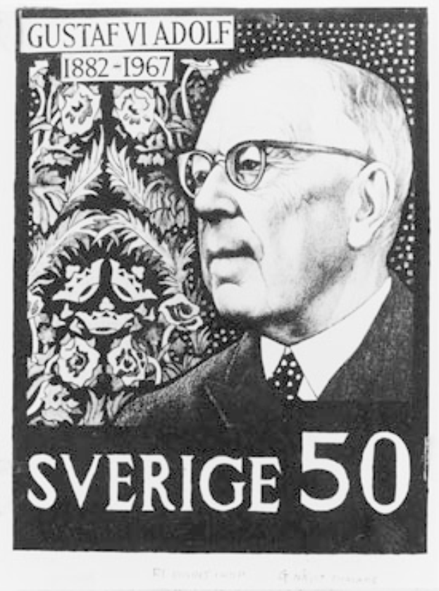 Schwarzes und weißes Porträt von Gustav Vi Adolf, einem schwedischen Philosophen und Nobelpreisträger, der einen Anzug und eine Krawatte trägt, mit Gedenkdesign und -text.