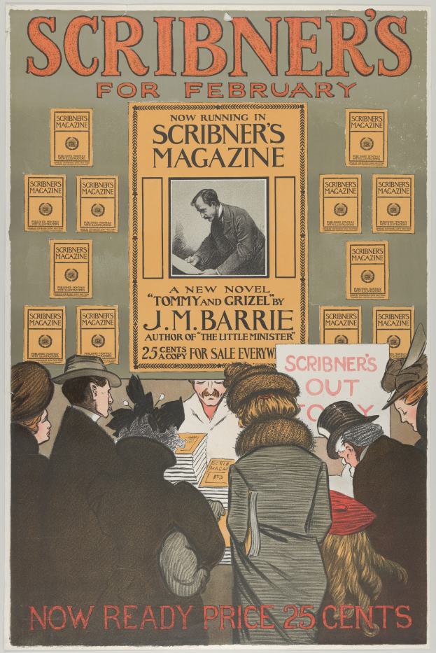 Ein Plakat für das Scribner's Magazine mit einer bunten Gruppe von Menschen, die fröhlich in die Kamera schauen, mit fetter Schrift auf einem hellgelben Hintergrund.