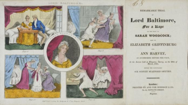 Ein historisches Dokument, das einen Prozess zeigt, an dem Lord Baltimore, Sarah Woodcock und Elizabeth Griffinburg beteiligt waren, mit Illustrationen von Menschen, Vorhängen und Text.