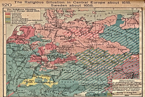 Historische Karte von Mitteleuropa von 1618, die die religiöse Landschaft der Region detailliert abbildet.