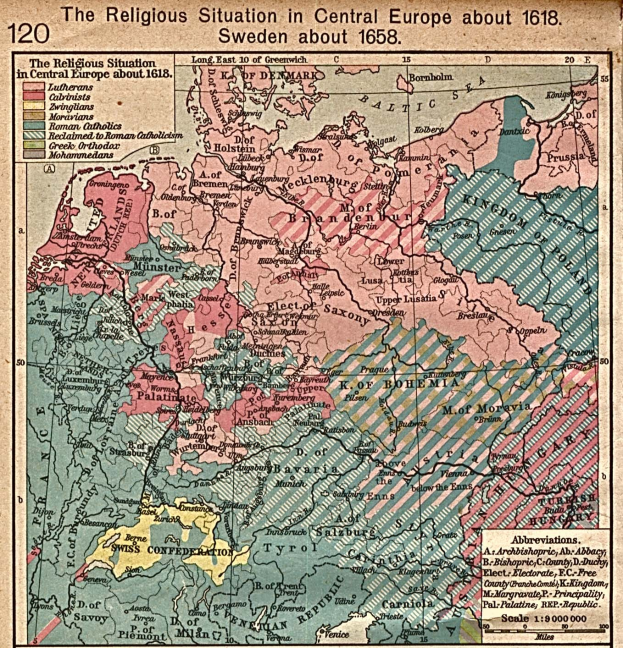 Historische Karte von Mitteleuropa von 1618, die die religiöse Landschaft der Region detailliert abbildet.