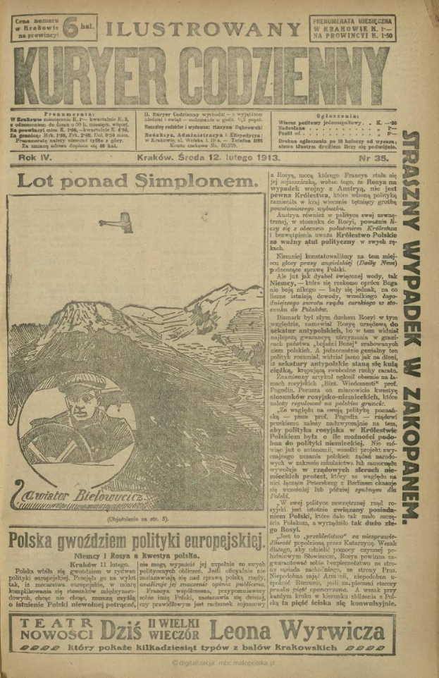 Alte Zeitung mit einem Frontseitenfoto eines Mannes mit Hut, der ernst dreinschaut, und dem sichtbaren Text "Kuryer Codzieny".