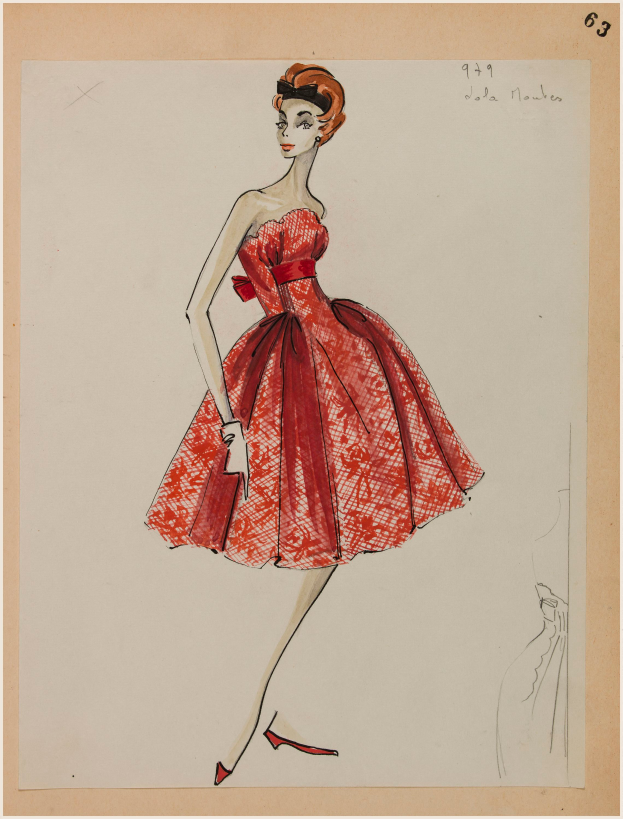Eine Frau in einem 1950er roten Kleid von Jola Moules mit einer eng anliegenden Taille und einem langen, bauschigen Rock bis zum Knie, mit einem selbstbewussten Gesichtsausdruck und einem klassischen Hairstyle.