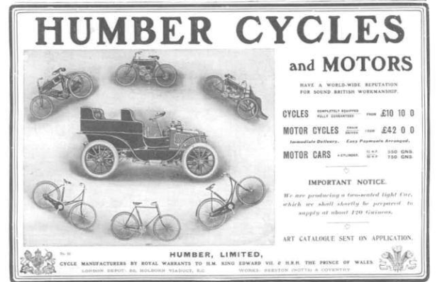 Anzeigetafel für Humber Cycles and Motors mit verschiedenen Fahrzeugen und Fahrrädern sowie beschreibendem Text.