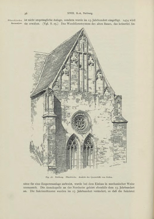 Ein altes Buch mit einer detaillierten Zeichnung einer Kirche, einschließlich sichtbarer Fenster, Bögen und Dach, mit begleitendem Text über die Kirche.