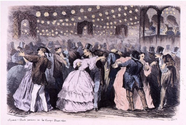 Eine Gruppe von Menschen, die in einem Ballsaal tanzen, mit beleuchteten Wänden und einem Text am unteren Rand, der "Madame Baille Nacional en la Campagne Bleuet, 1860" lautet.