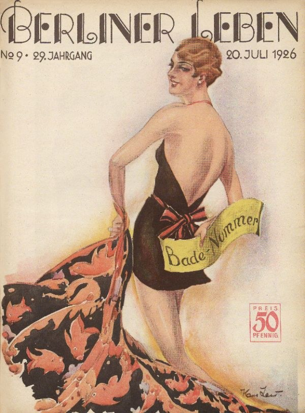 Titelbild der Berliner Leben Zeitschrift aus dem Juni 1926, das eine Frau in einem Badeanzug zeigt, die steht und ein Tuch hält, mit dem Zeitschriftennamen über dem Bild.