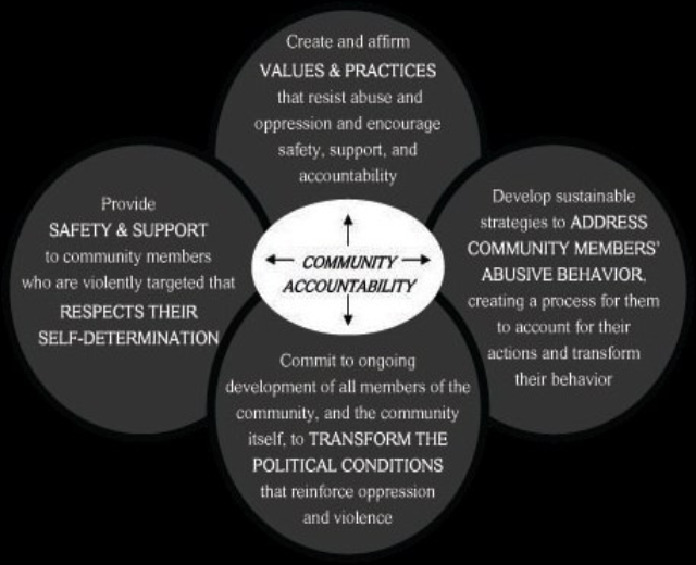 Ein Diagramm mit der Überschrift "Gemeinschaftliche Rechenschaftspflicht" mit einem zentralen Kreis, der durch Pfeile mit drei überlappenden Kreisen verbunden ist, alle in kräftigen, leuchtenden Farben.